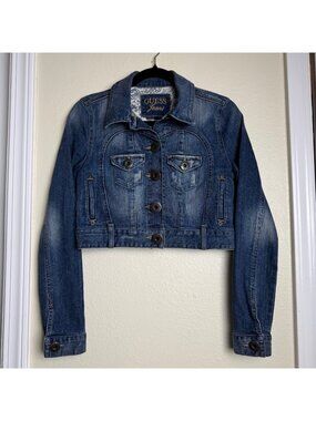 Guess Womens Cropped Denim Jacket Stretch Fitted Design Large Button Front Sz S